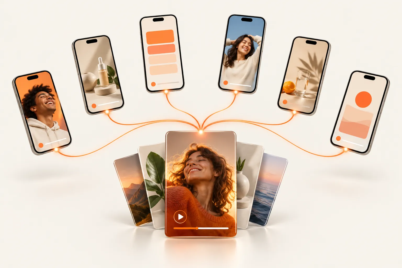One video and a slideshow fanning out to six phones showing posts